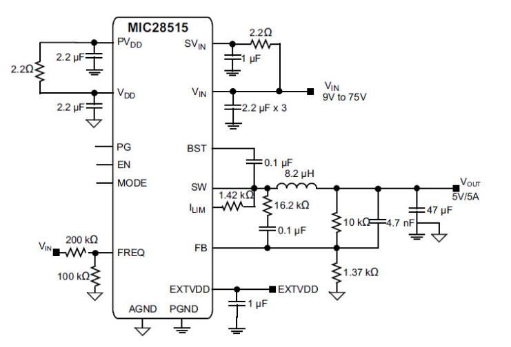 应用电路图 - Microchip Technology MIC28515 5A开关稳压器